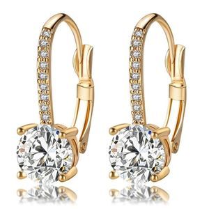 18K Yellow Gold and White Diamond Cubic Zirconia Dangling Leverback Earrings